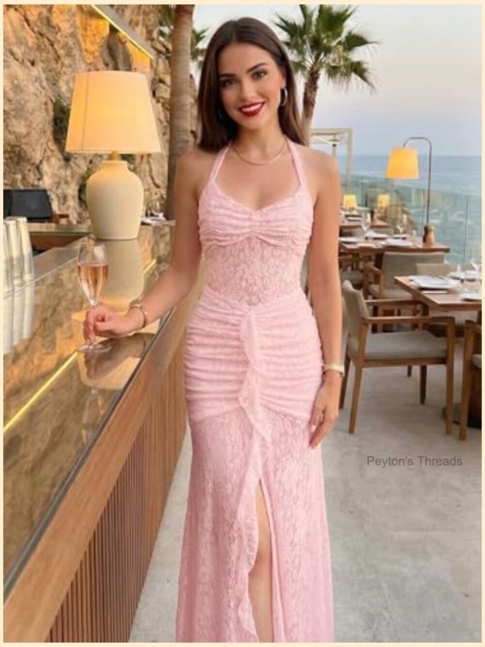 Sexy Halter Tie Backless Sheer Floral Lace Patchwork Maxi Dress Ruched Ruffle